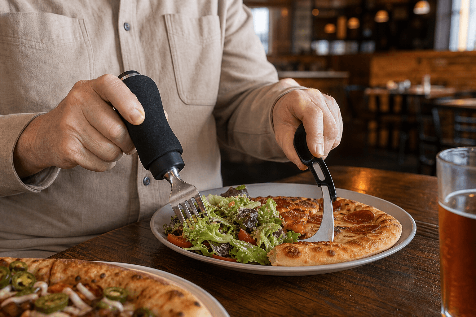 Hands using a weighted fork with a wide grip and a rocker knife to eat pizza and salad at a restaurant table.