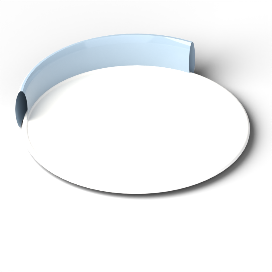 A flat white plate with a curved pale-blue guard clipped around part of its rim, standing up like a low wall.