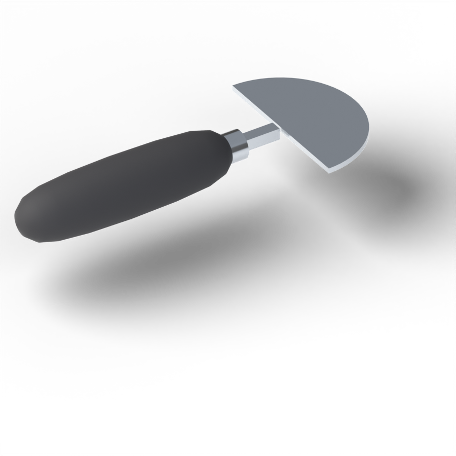 A knife with a thick black grip and a wide curved blade shaped like a half-disc.