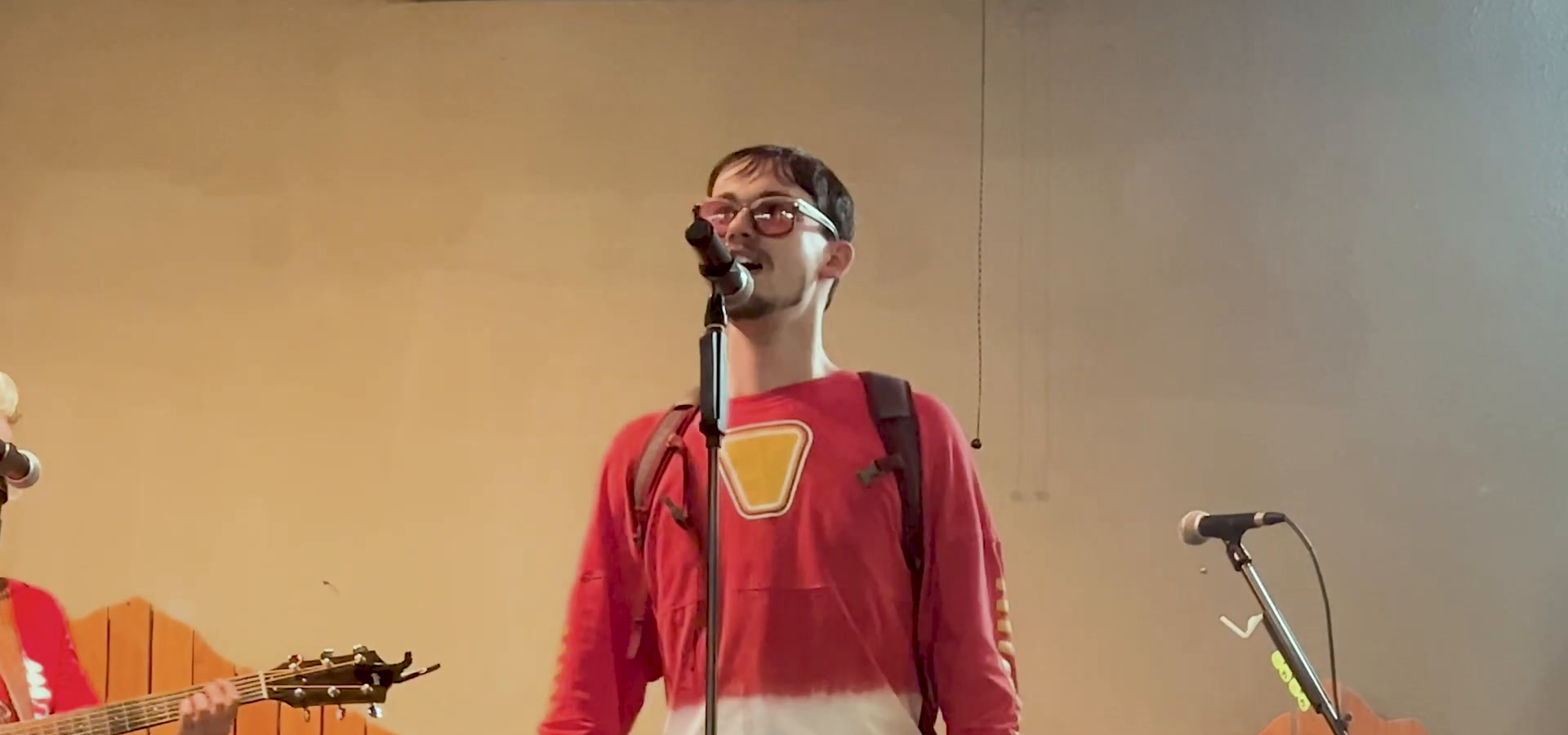 A musician performing at Brewability, singing into a microphone with a guitar on a stand beside them.