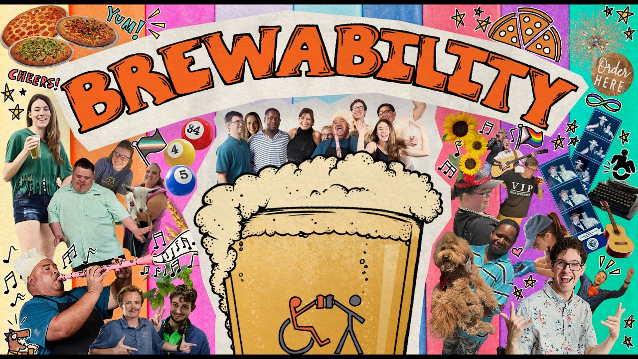 Brewability TV title card: a bright collage of the whole crew, a glass of beer, a guitar, sunflowers and the Brewability logo.